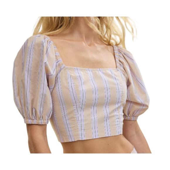 New Aerie Womens Small Striped Puff Sleeve 100% Cotton Smocked Square Neck Top - Picture 1 of 8